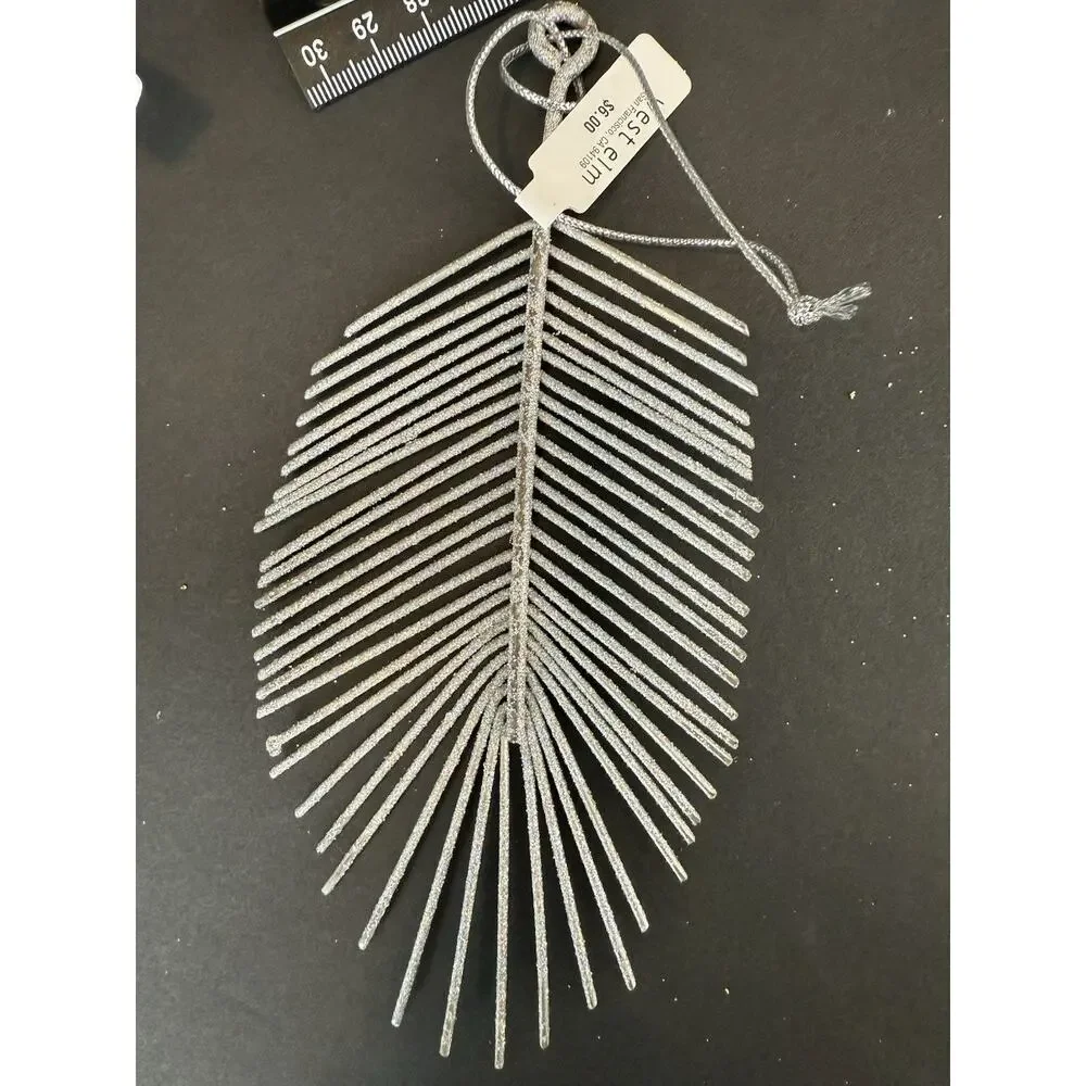 West Elm Silver Glitter Feather Ornaments Set of 3 Modern Holiday Christmas